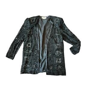 Women’s M Vintage Scala Black Silk Beaded Sequin Jacket Festival Glam